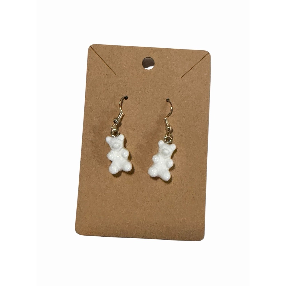 White Gummy Bear Dangle Earrings Y2K Kidcore Resin‎ Gold Tone Hooks Handmade
